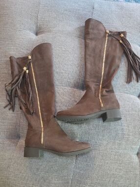Women's Brown Suede Knee-High Boots with Tassel Zipper